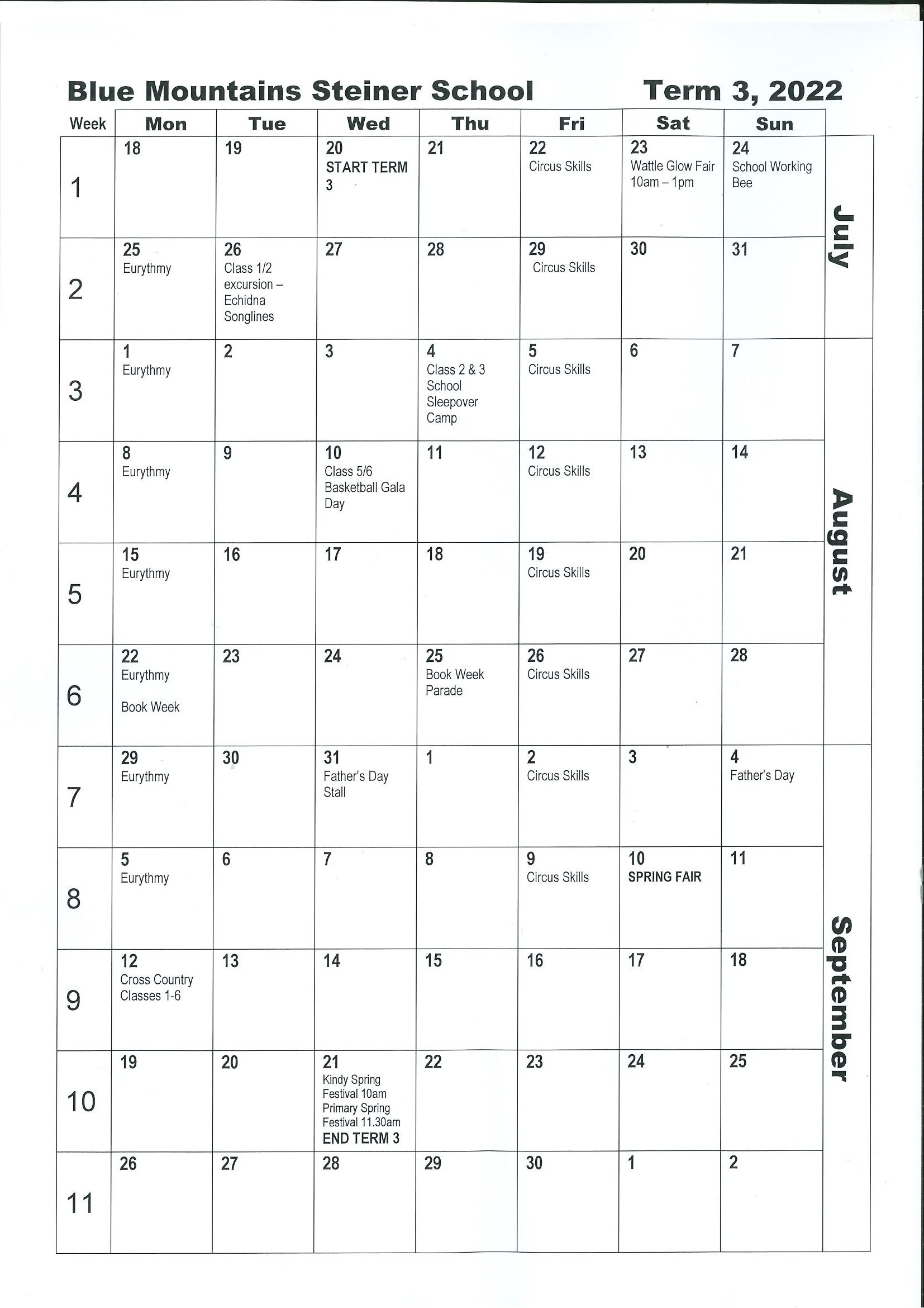 NSW Blue Mountains Steiner School calendar for Term 3.
