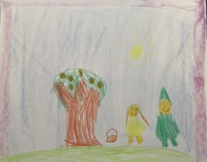 A Class 1/2 crayon drawing of a tree, a basket and two children.